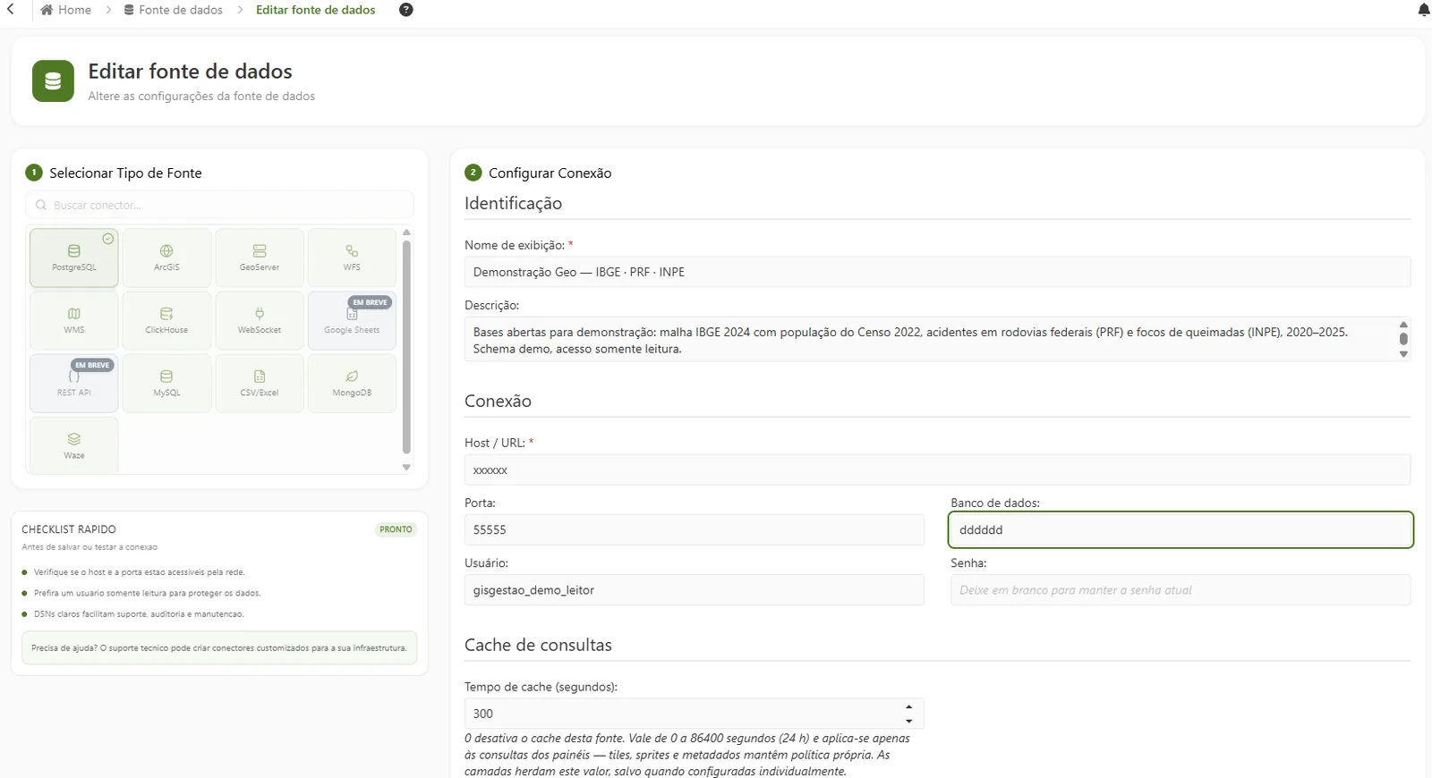 Tela de cadastro de fonte de dados do GISGestão: conectores PostgreSQL, ArcGIS, GeoServer, WFS, WMS, ClickHouse, MySQL, CSV/Excel e MongoDB, com identificação, conexão e cache de consultas